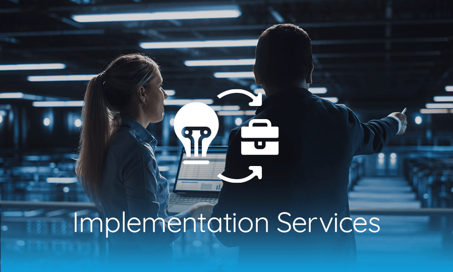 Implementation services with two people pointing at each other.