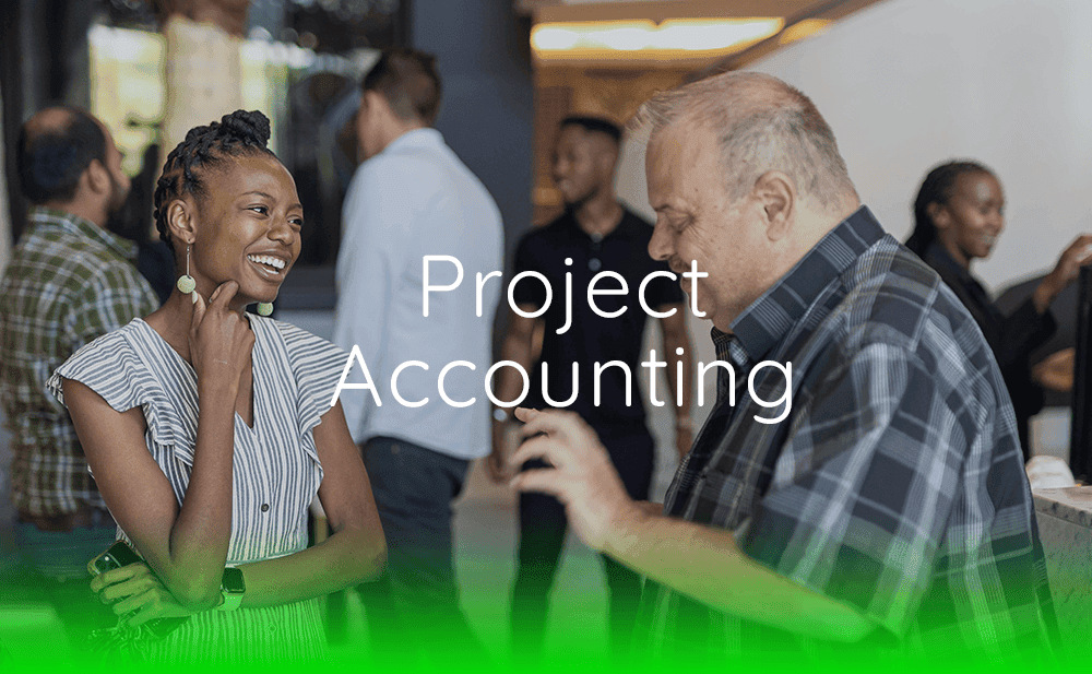 A group of people talking at an event with the words project accounting.