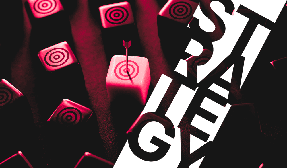 A black and red background with the word strategy.