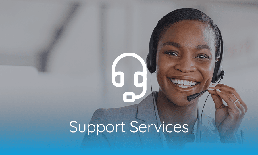 A woman wearing a headset with the words support services.